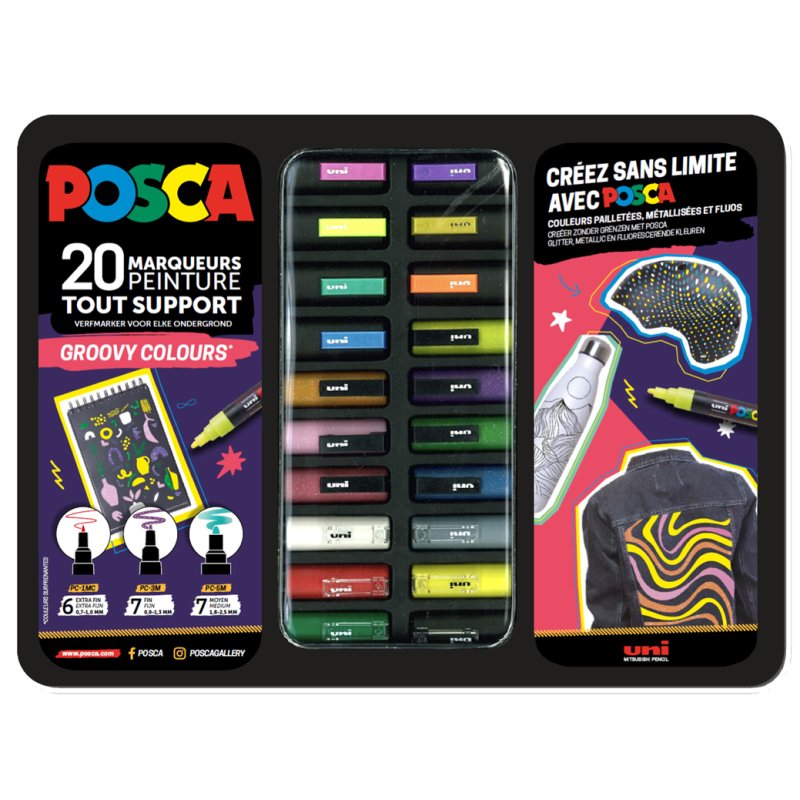 POSCA marqueurs pigmentés Groovy Colours, 20 pièces, boîte métallique